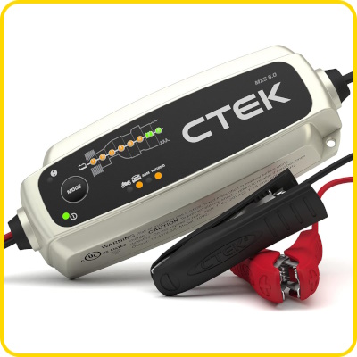 Image of a CTEK battery charger with clamps